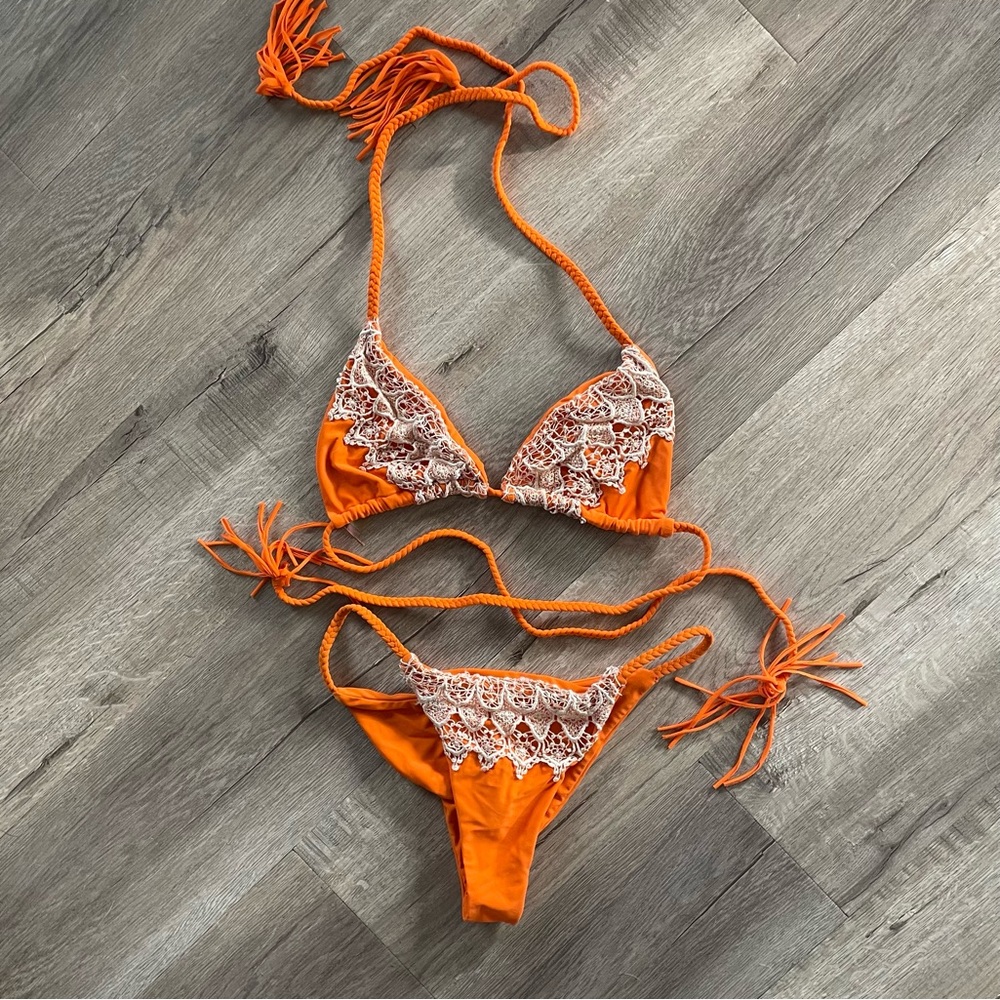 Beach Babe Swimwear Orange Lace Bitsy Bikini Set